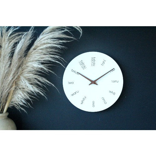 Wood Clock Te Reo White